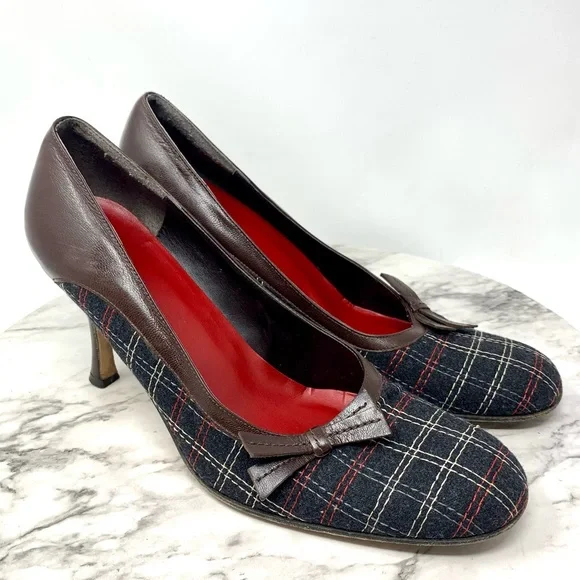 Isabella Fiori Tweed Wool Plaid Dainty Bow Pumps 10 Academia Retro Classic Fall - Picture 13 of 13